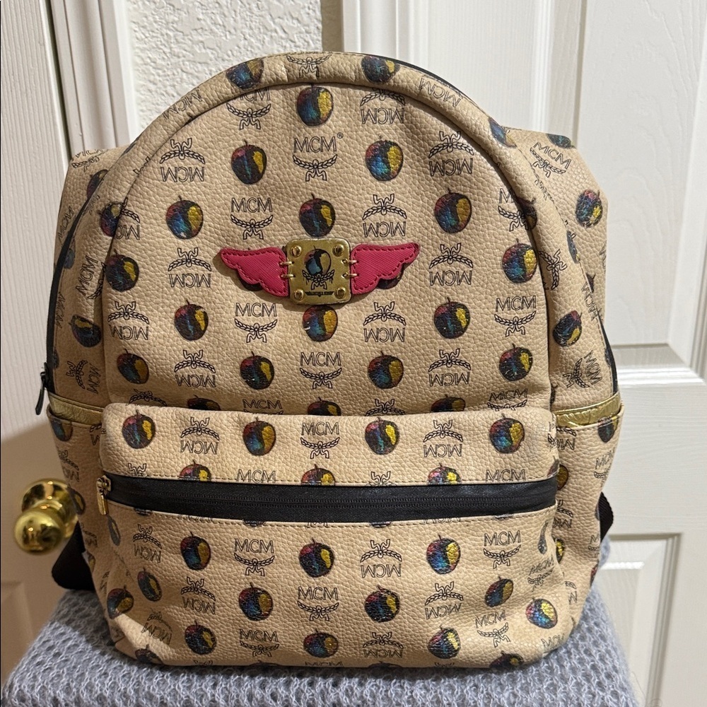 MCM Beige Backpack with Colorful Logo Pattern